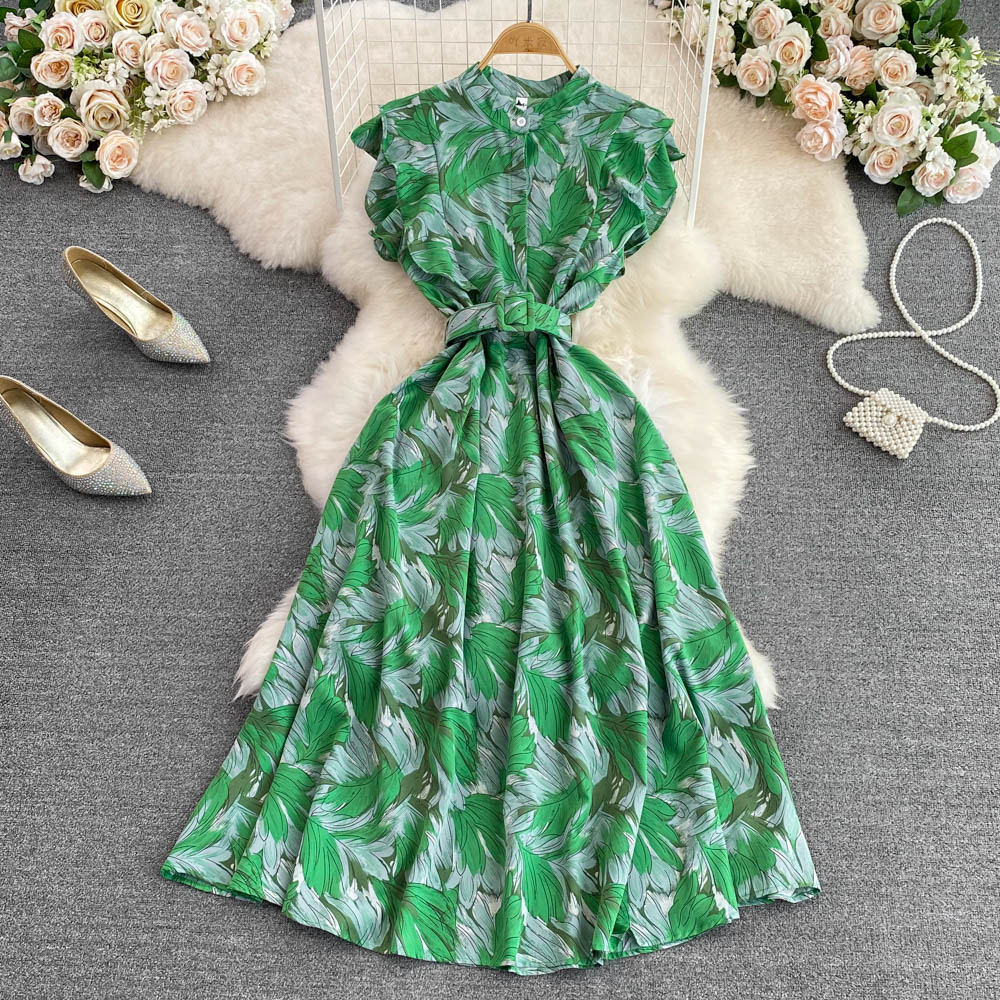 Stand Collar Floral Printed A-line Dress