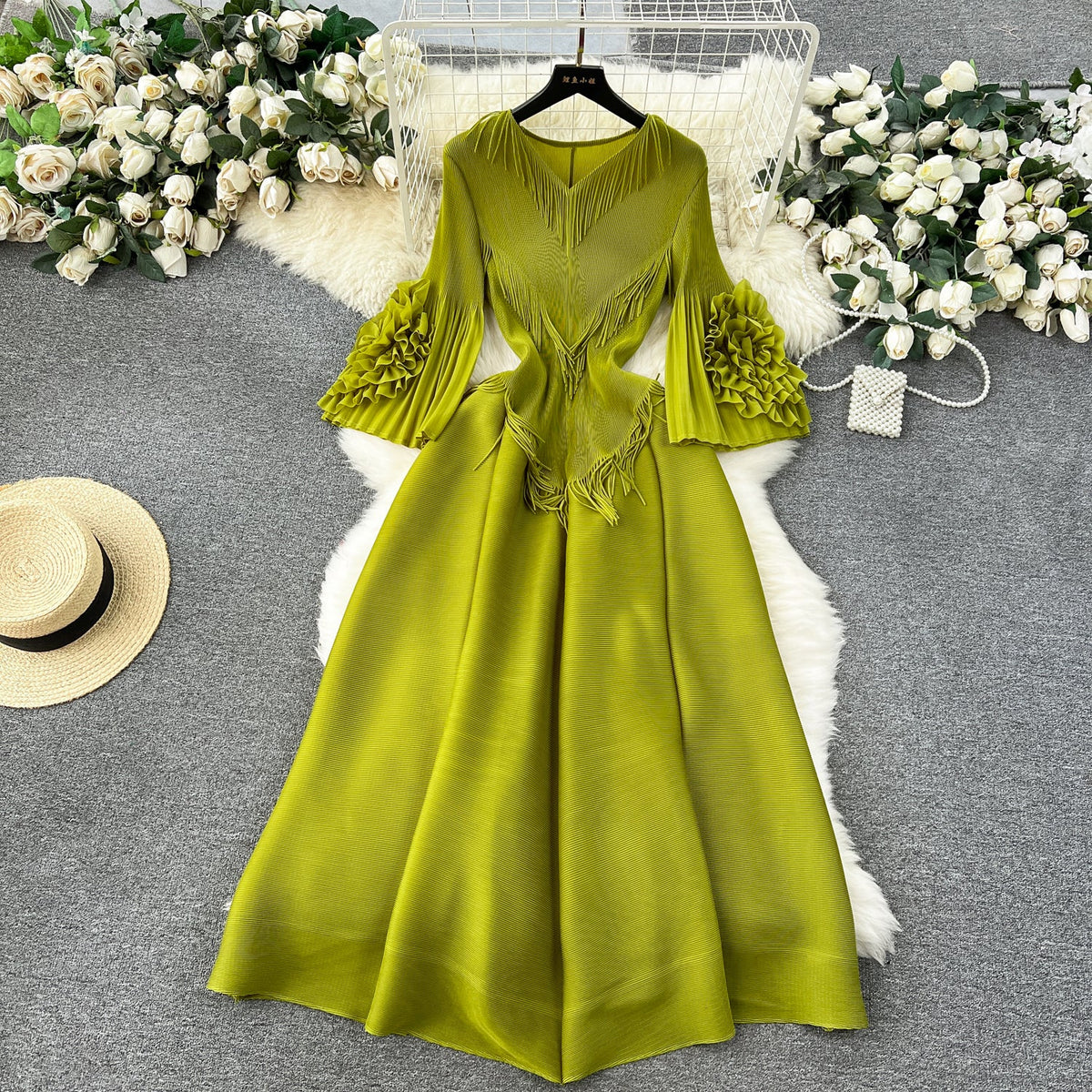 Courtly Solid Color Ruffled Dress
