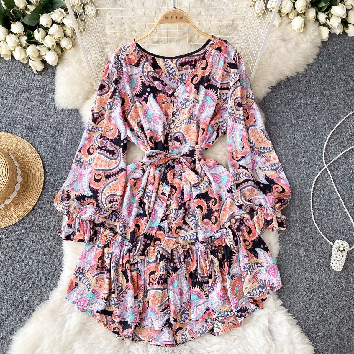 Elegant Lace-up Draped Printed Dress