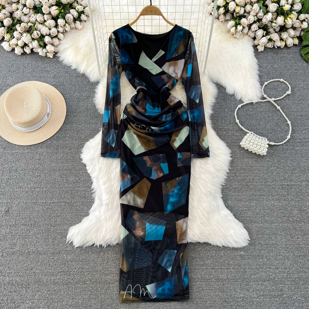 V-neck Floral Printed Mesh Dress