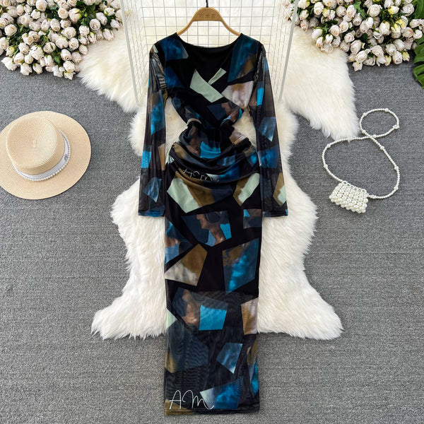 V-neck Floral Printed Mesh Dress