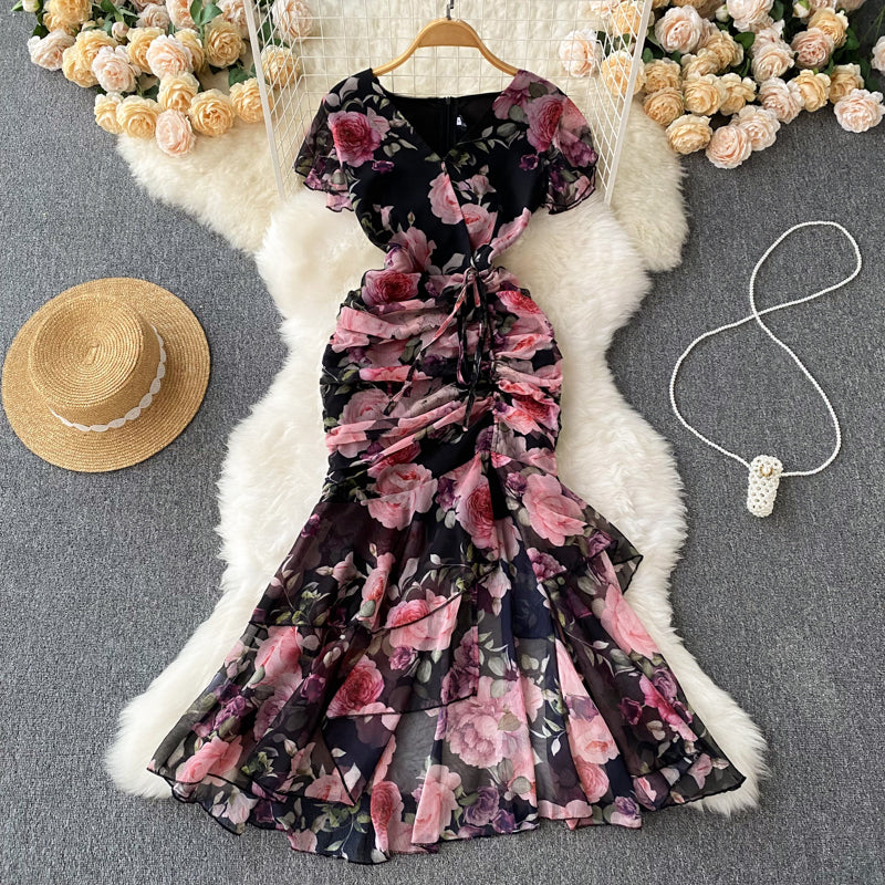 French Style Drawstring Floral V-neck Dress