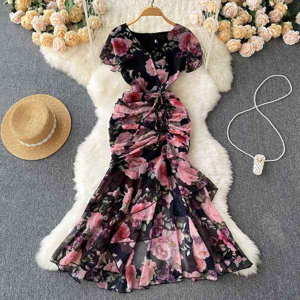 French Style Drawstring Floral V-neck Dress