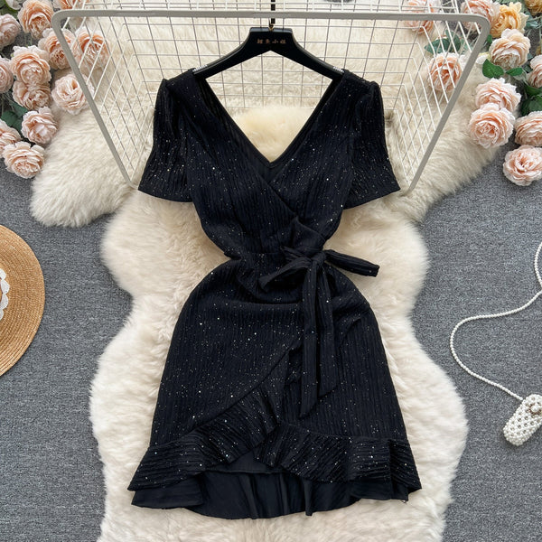 Sweetie V-neck Lace-up Ruffled Dress