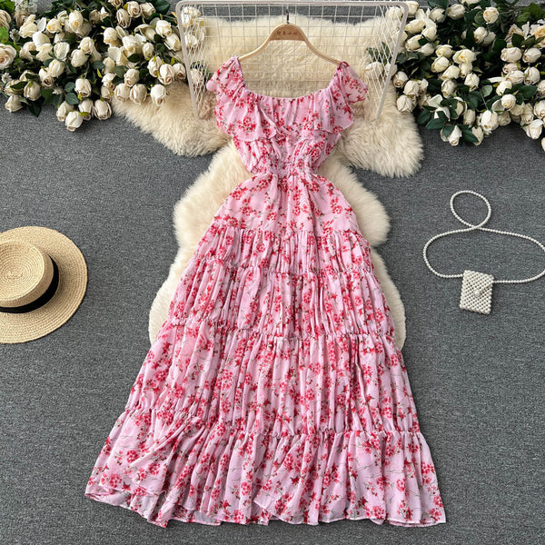 French Style Pleated Floral Dress