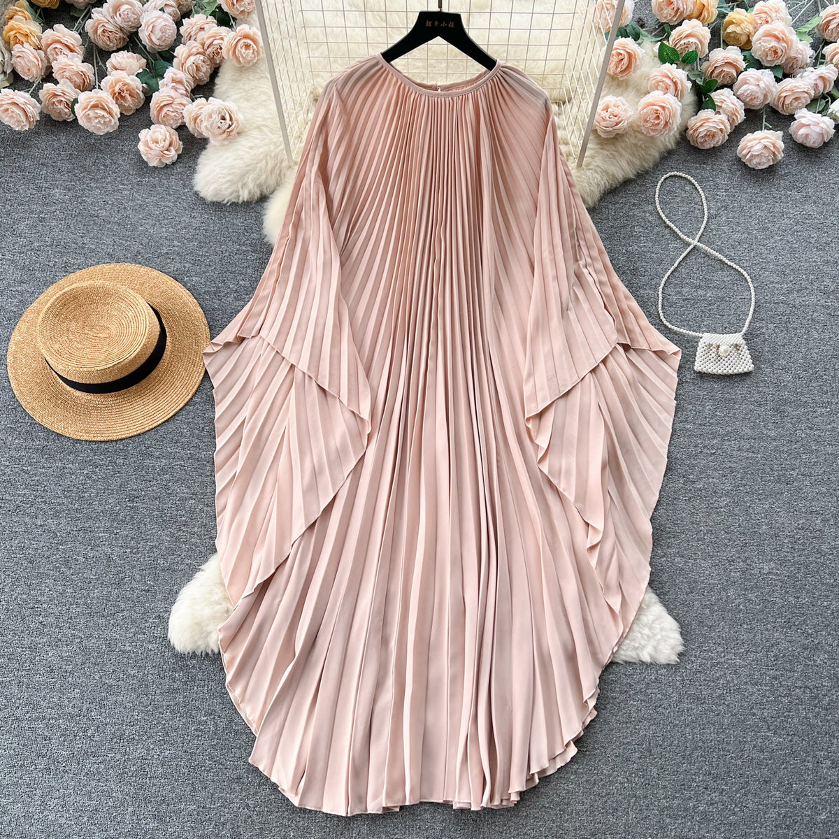Solid Color Lace-up Pleated Dress