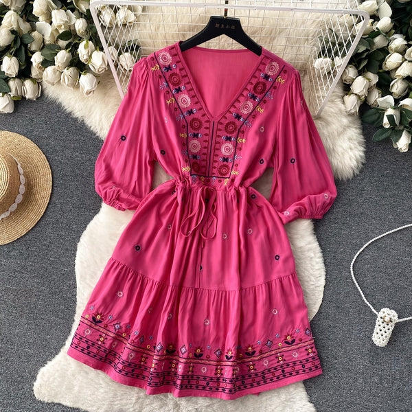 Bohemian Embroidered Drawstring Floral Dress