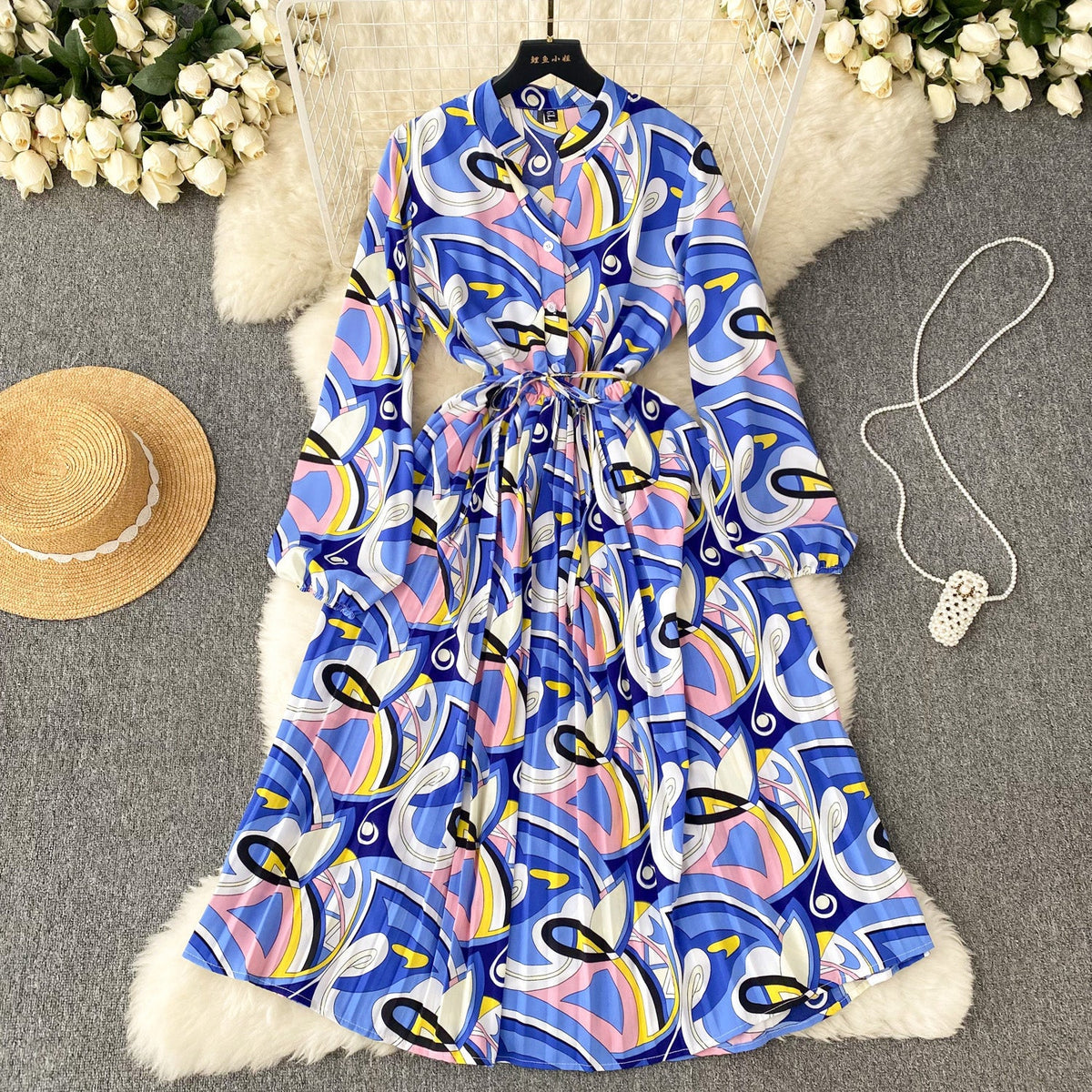 French Style Pleated Printed Dress