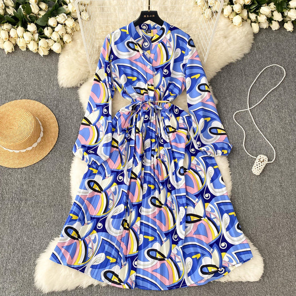 French Style Pleated Printed Dress