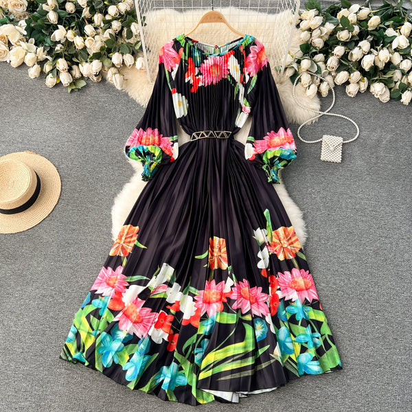 Courtly Flared Sleeve Floral Dress