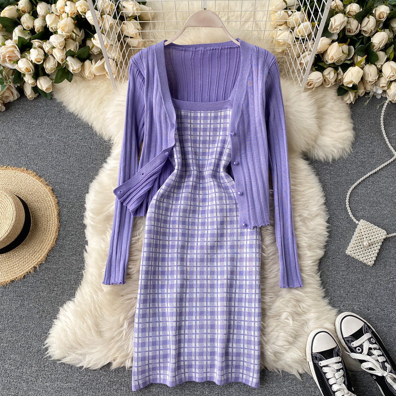 Knitted Cardigan&Plaid Dress 2Pcs