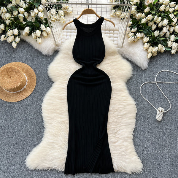 Elastic Solid Color Knitted Halter Dress