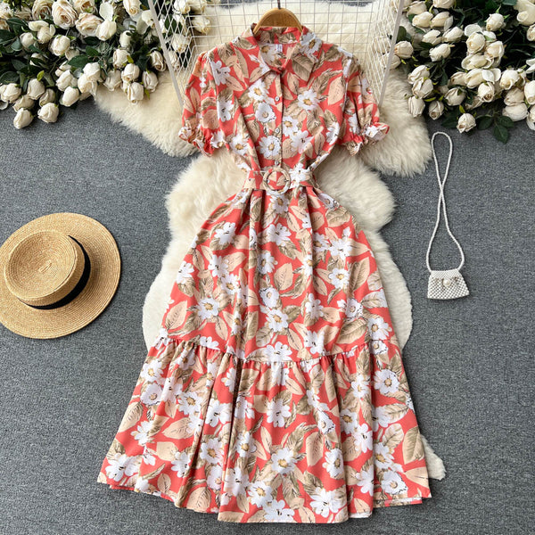 Vintage Lapeled Big Floral Shirt Dress