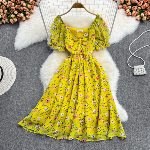 Waist-slimming V-neck Floral Chiffon Dress