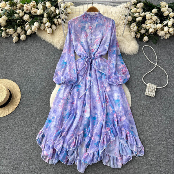 Vintage Drawstring Ruffled Floral Dress