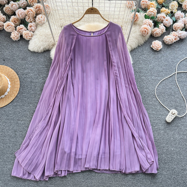 Solid Color Pleated Cape Dress