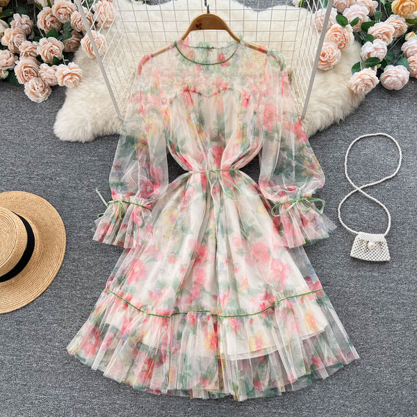 Niche See-through Mesh Floral Dress