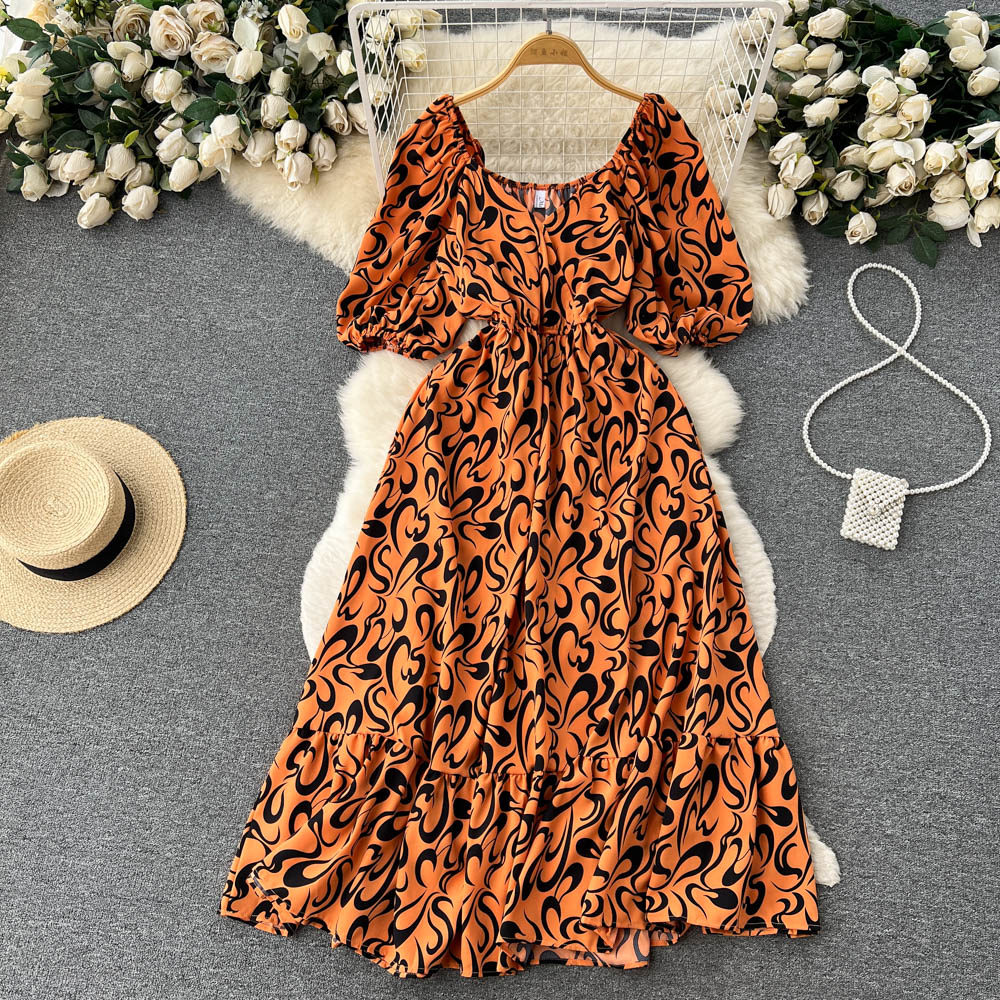 Square Neck Bubble Sleeve Floral Dress