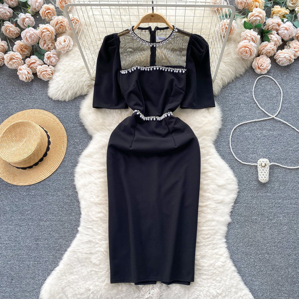 Beaded Mesh Patchwork Slim-fit Dress