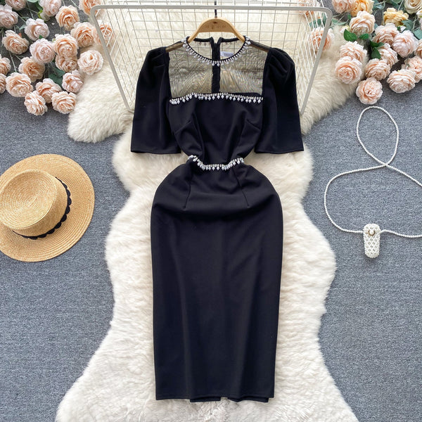 Beaded Mesh Patchwork Slim-fit Dress