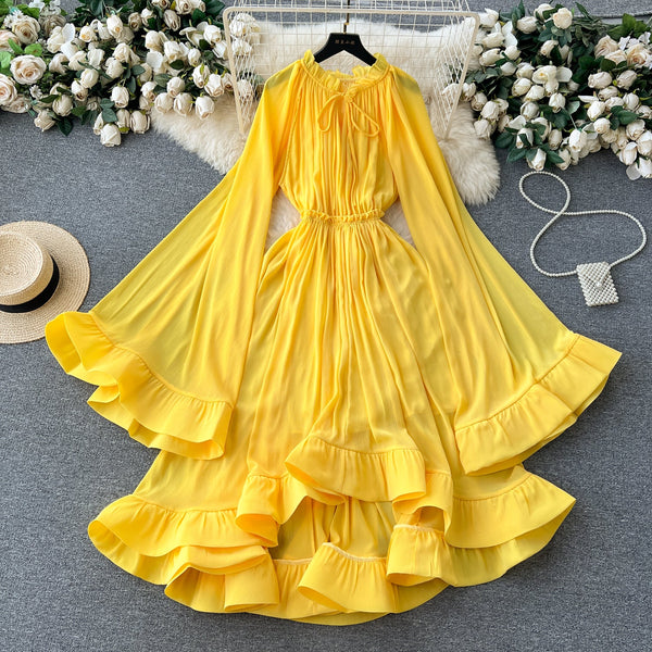 V-neck Lace-up Flared Sleeve Dress