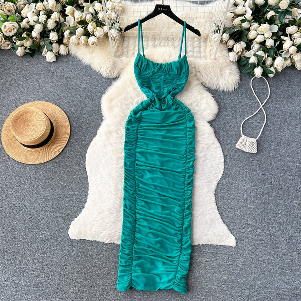 Solid Color Pleated Slip Dress