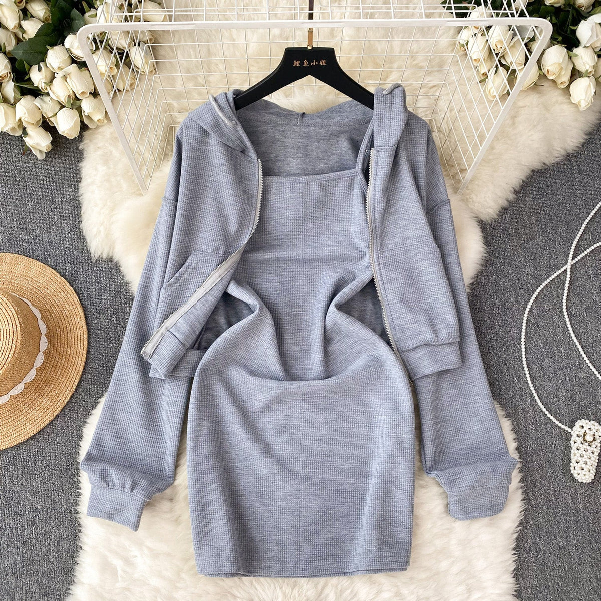Slip Dress&Lace-up Hoodie 2Pcs