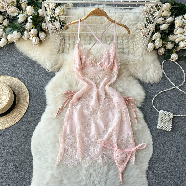 Lace See-through Crossover Halter Dress