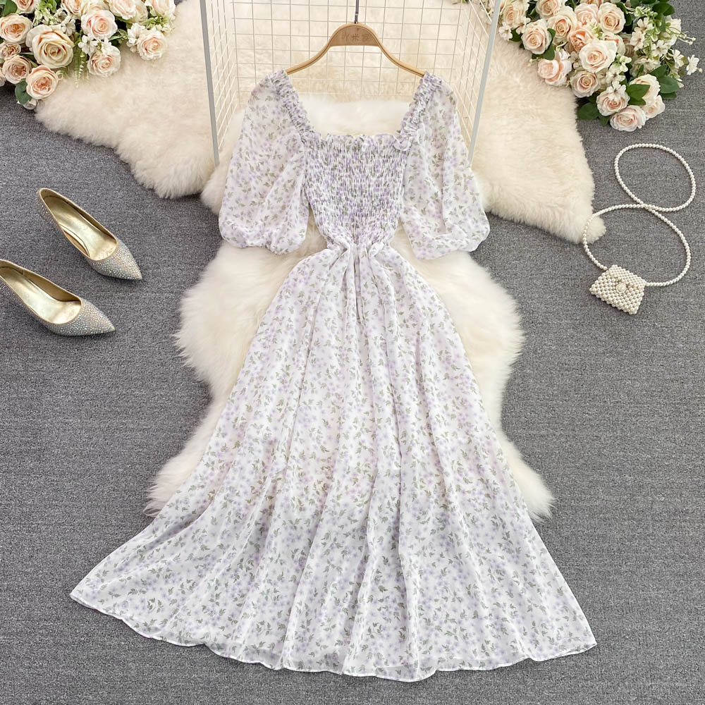 Square Collar Floral Chiffon Dress