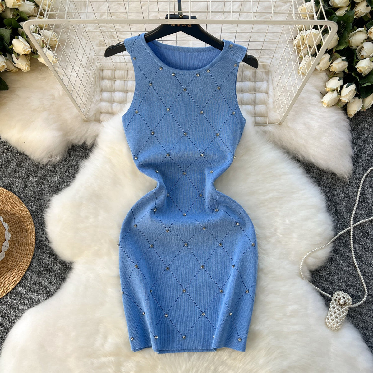 Lozenge Rhinestone Studded Knitted Dress