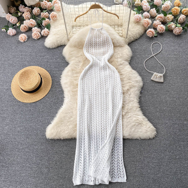 Sleeveless Hollowed Knitted Halter Dress