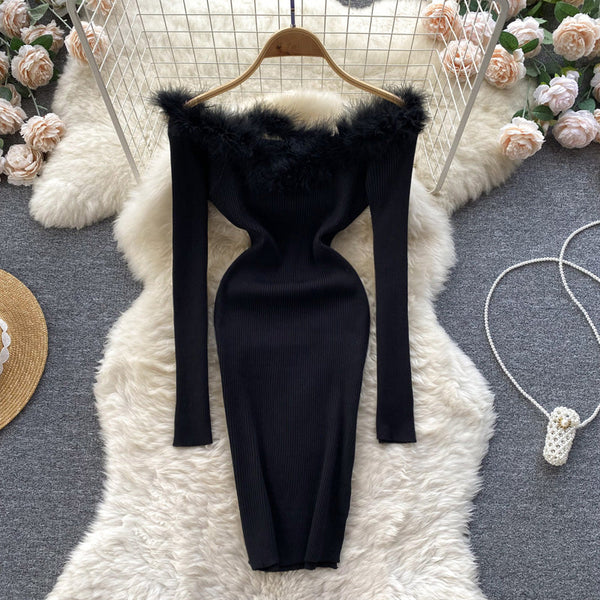 Vintage Off-the-shoulder Patchwork Knitted Dress