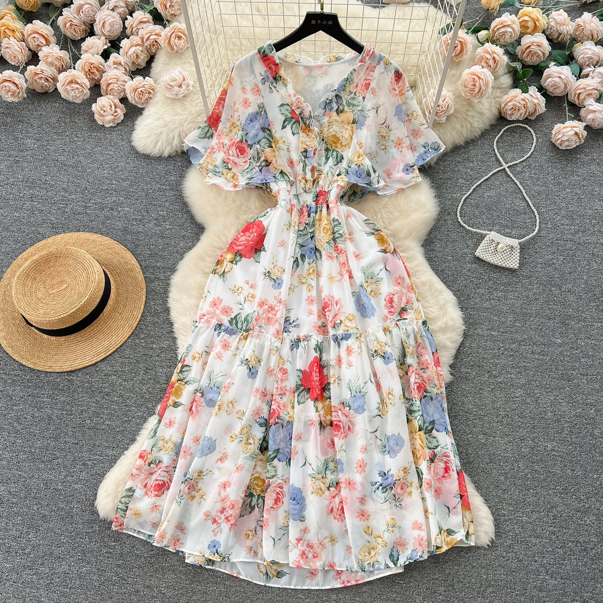 Mori Flared Sleeve Floral Chiffon Dress