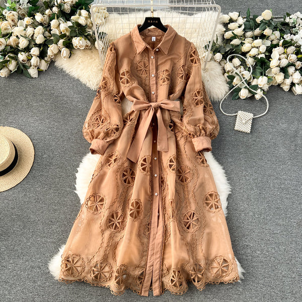 Courtly Hollowed Embroidery Shirt Dress