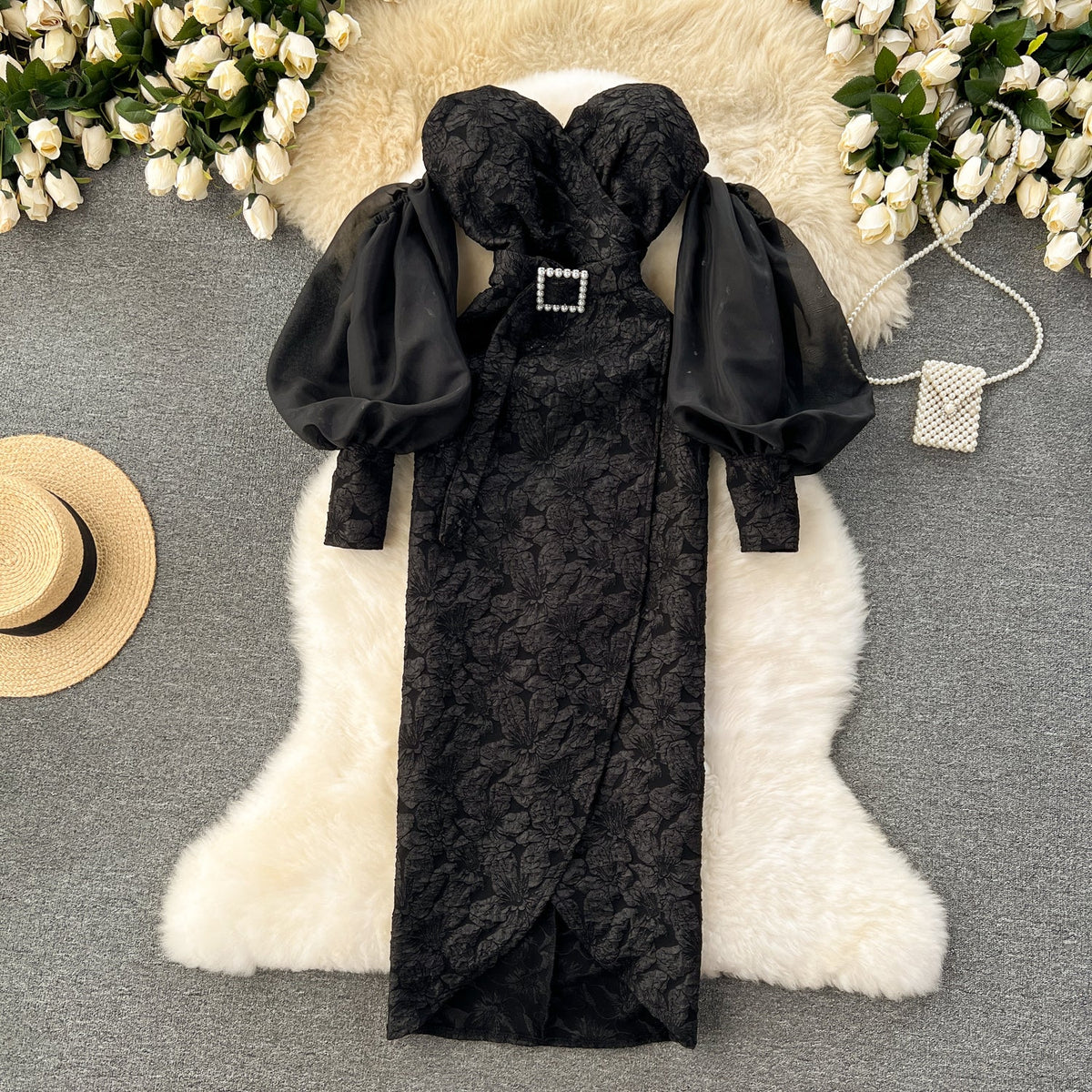 Off-shoulder Flared Sleeve Crochet Dress