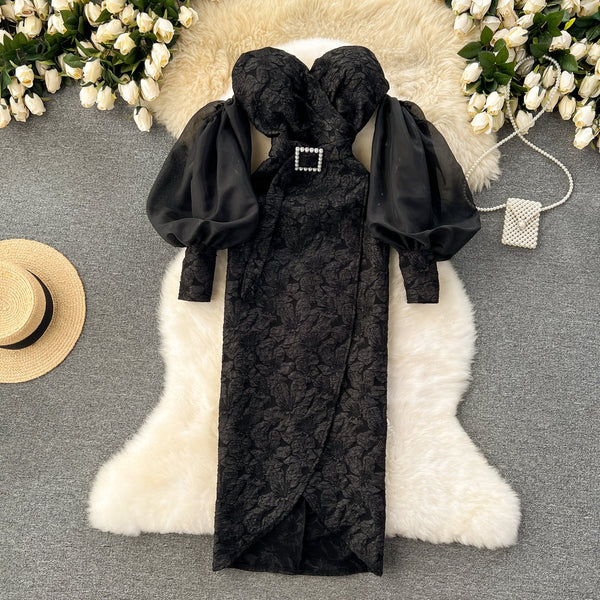 Off-shoulder Flared Sleeve Crochet Dress