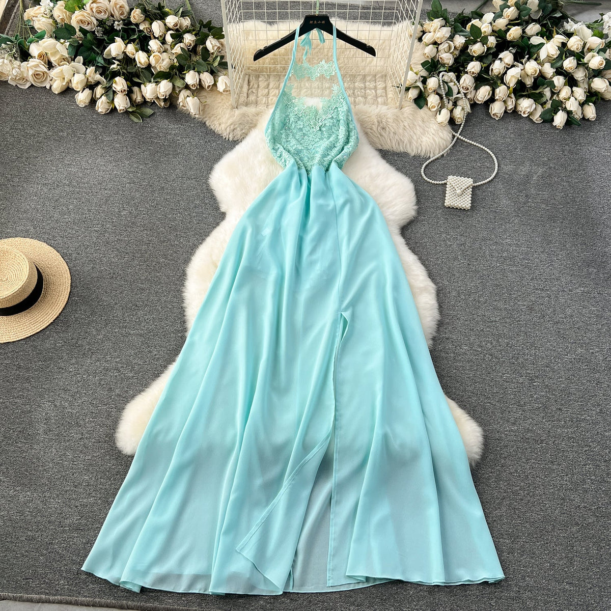 Embroidered Backless Split Halter Dress