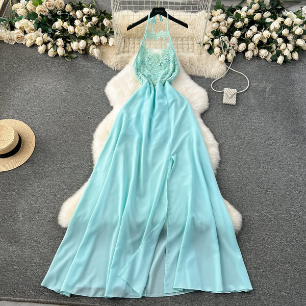 Embroidered Backless Split Halter Dress