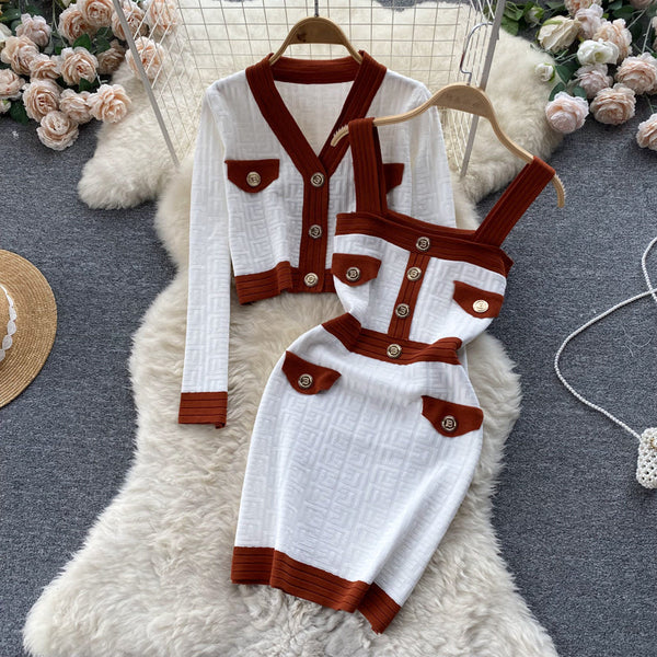 Knitted Cardigan&Slip Dress 2Pcs