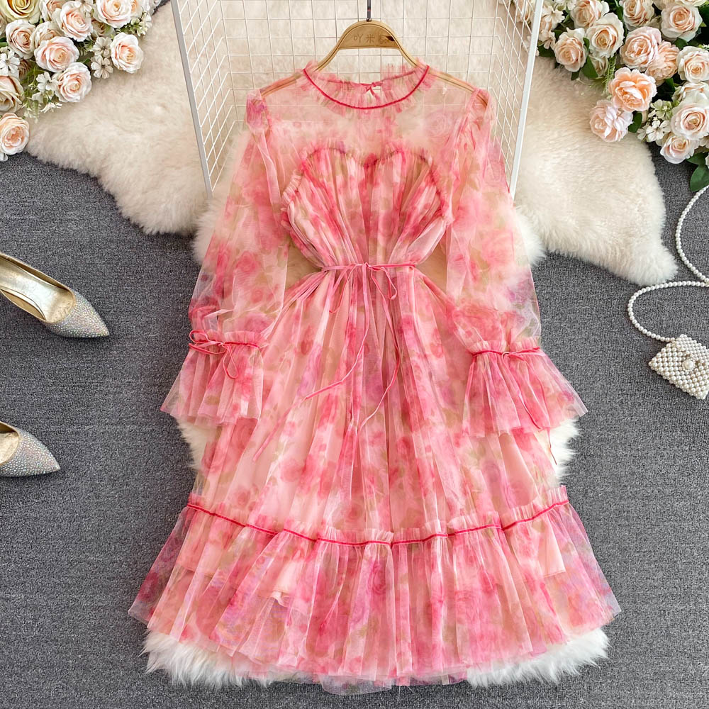 High-end Flared Sleeve Mesh Print Dress