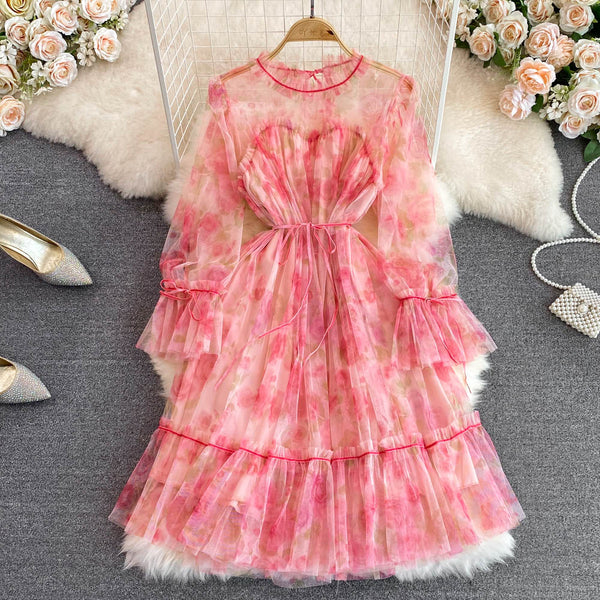 High-end Flared Sleeve Mesh Print Dress