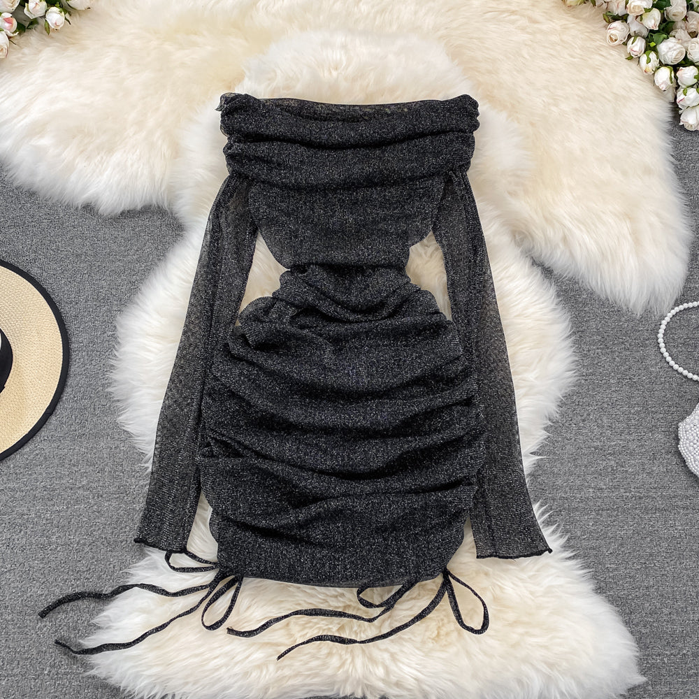 Off-shoulder Ruffled Drawstring Mesh Dress