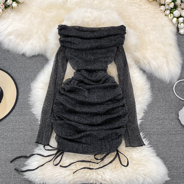Off-shoulder Ruffled Drawstring Mesh Dress