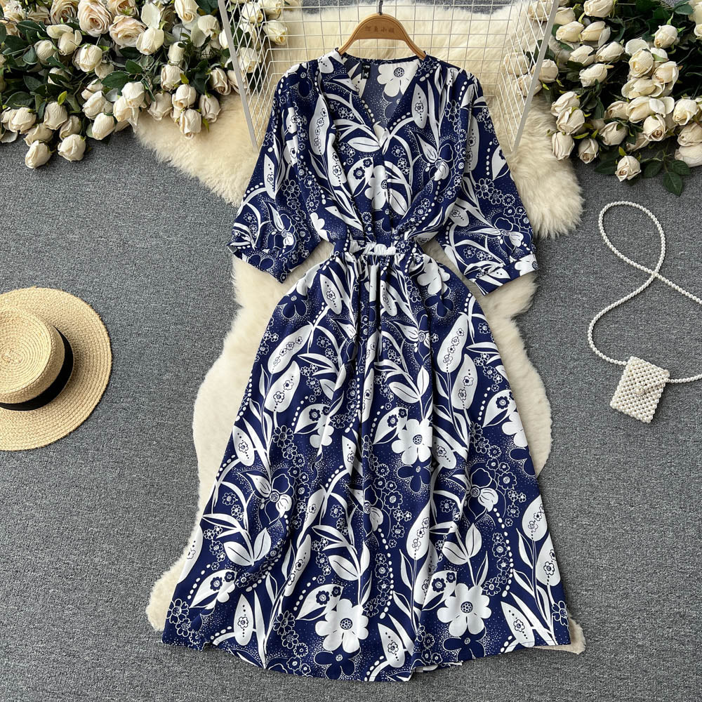 French Style Floral Printed Chiffon Dress