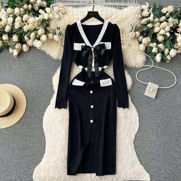 Color Blocking Bow-tie Knitted Dress