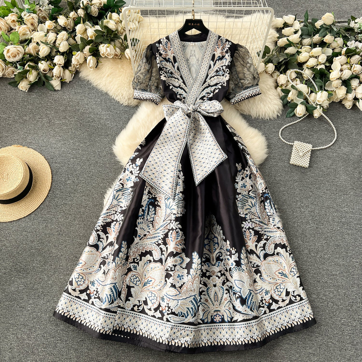 Courtly V-neck Bow Floral Dress