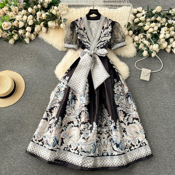 Courtly V-neck Bow Floral Dress