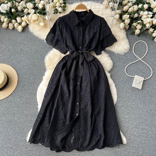 Lapeled Puff Sleeve Hollowed Dress