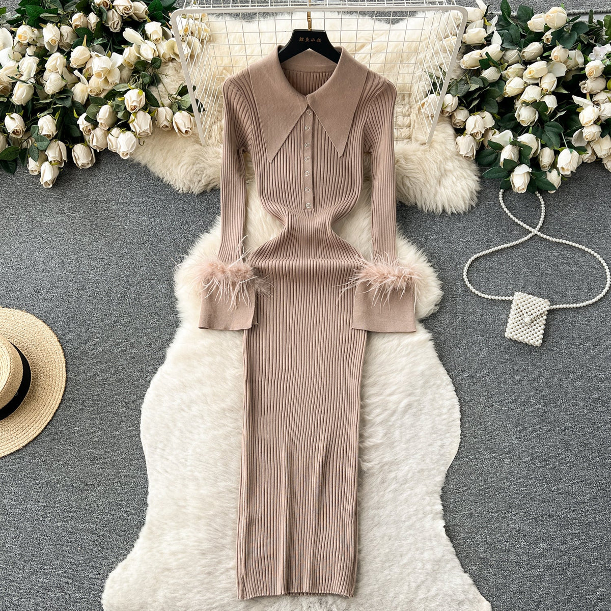 Lapel Furry Cuff Knitted Dress