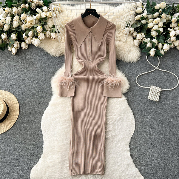 Lapel Furry Cuff Knitted Dress